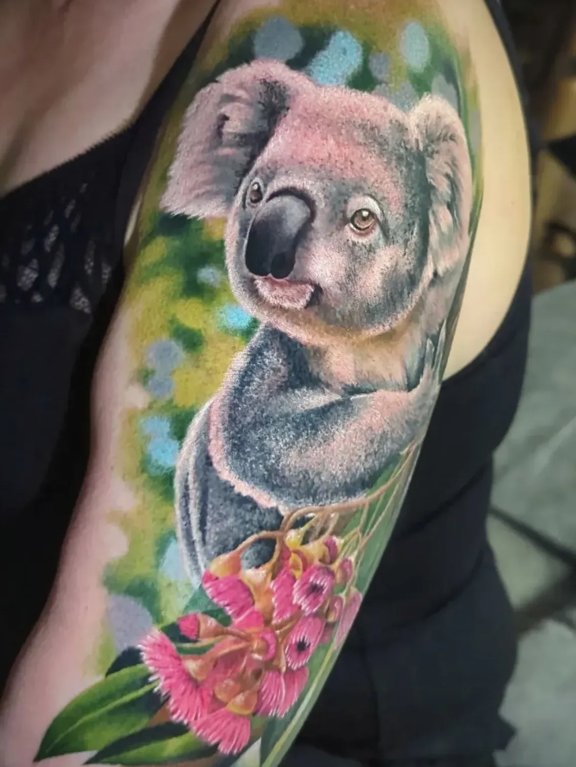 Detailed koala portrait tattoo with exceptional fur texture and expression
